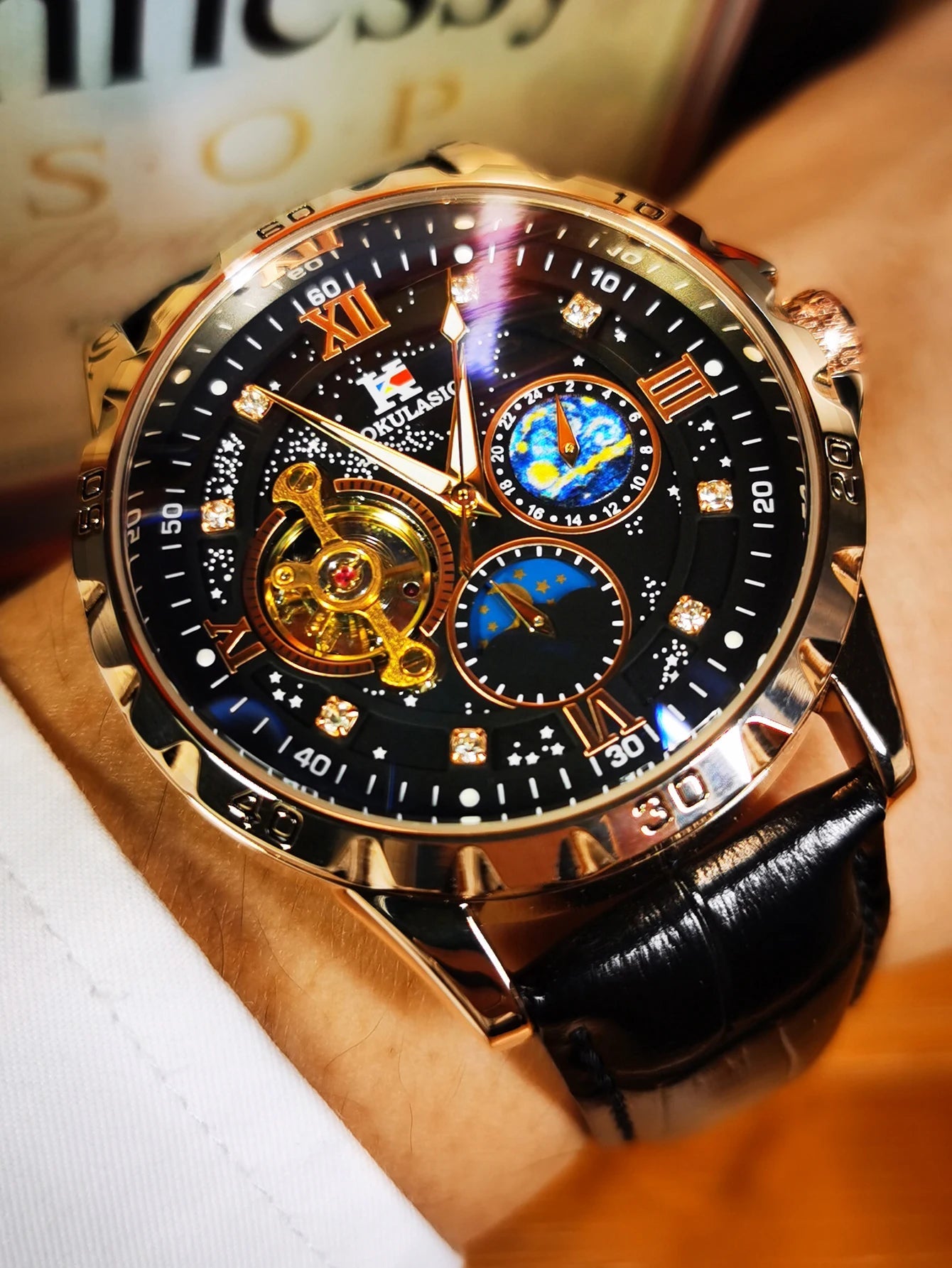Tourbillon Skeleton Mechanical Watches Starry Sky Moon Phase Diamond Multi Shop24