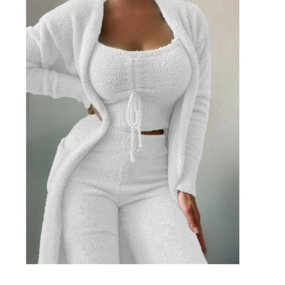 Fashion Plush Lace Up Cardigan 3 Piece Women's Trouser Set Autumn And Winter New Solid Color Asual Warm Home Wear Female Set2025 MultiShop24