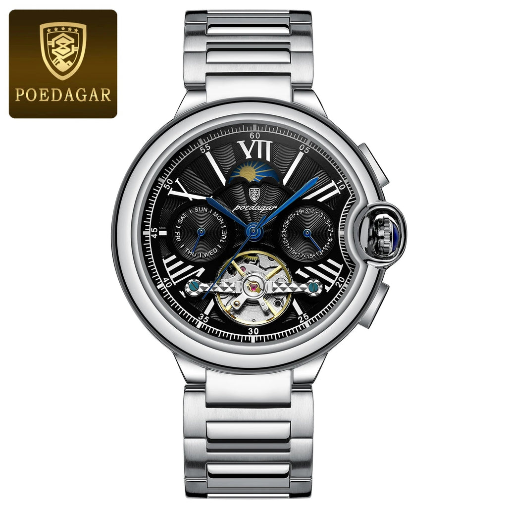 POEDAGAR Luxury Man Watch Tourbillon Date Week Stainless Steel Men Multi Shop24