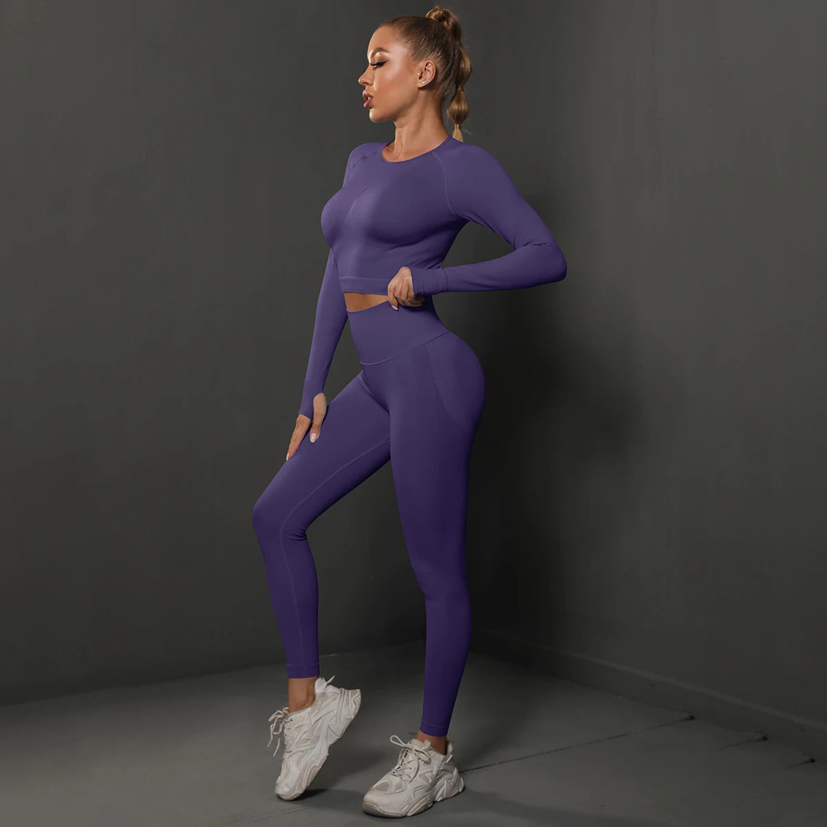 2Pcs Women Sets Energy Seamless Gym Suits Bubble Butt Sports Pants+Long Sleeve Shirts Push Up Running Sets Tracksuits Tights Set MultiShop24