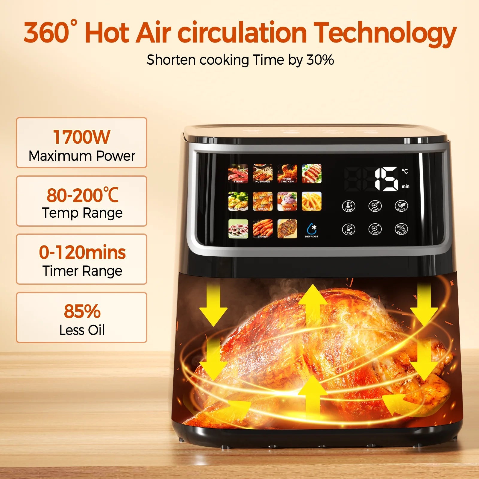 Patbrela Non-fat fryer 8L Large Hot Air Frye with Led Screen 11 Preset Functions Multi Shop24