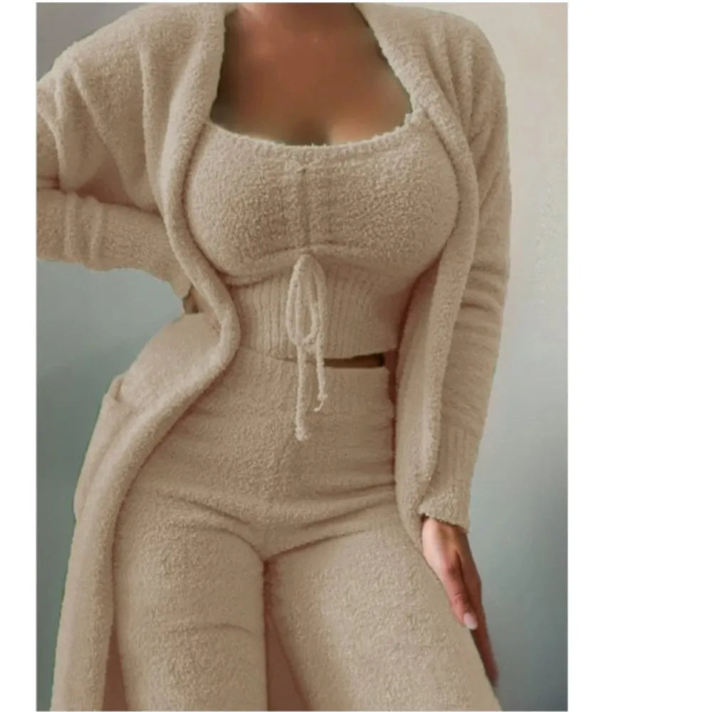Fashion Plush Lace Up Cardigan 3 Piece Women's Trouser Set Autumn And Winter New Solid Color Asual Warm Home Wear Female Set2025 MultiShop24