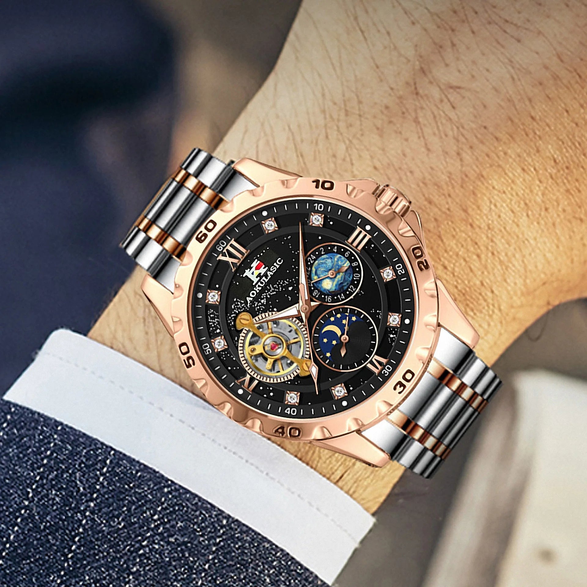 Tourbillon Skeleton Mechanical Watches Starry Sky Moon Phase Diamond Multi Shop24