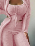 Fashion Plush Lace Up Cardigan 3 Piece Women's Trouser Set Autumn And Winter New Solid Color Asual Warm Home Wear Female Set2025 MultiShop24