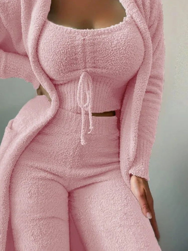 Fashion Plush Lace Up Cardigan 3 Piece Women's Trouser Set Autumn And Winter New Solid Color Asual Warm Home Wear Female Set2025 MultiShop24