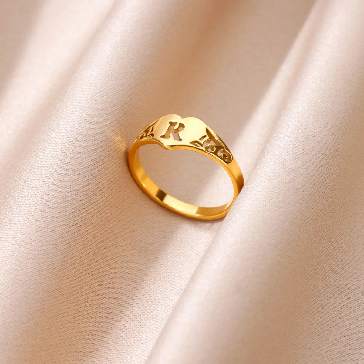 Fashion Hollow Initial Letter Heart Rings For Women Gold Color Stainless Steel A-Z