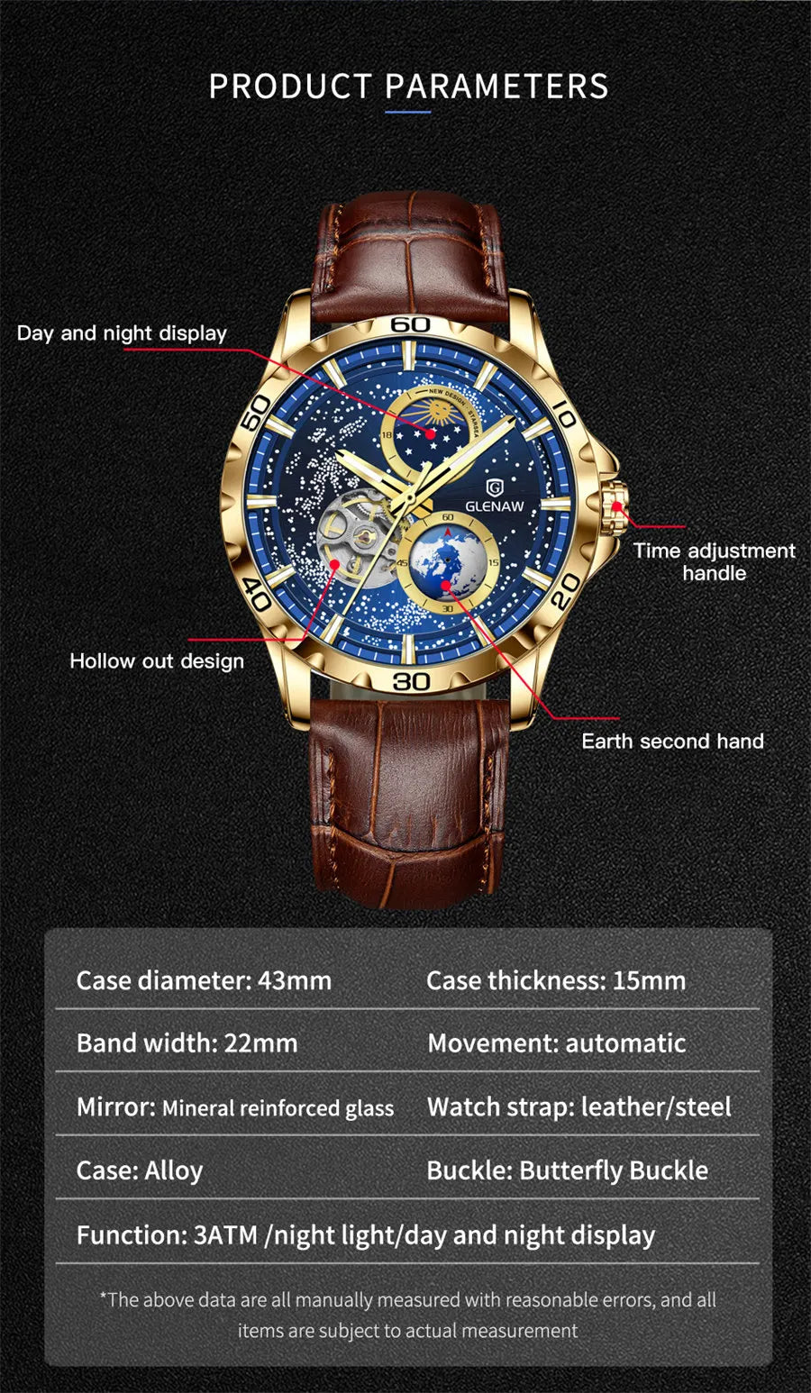 GLENAW Rotating Earth Double Second Hand WristWatch Men Automatic Multi Shop24