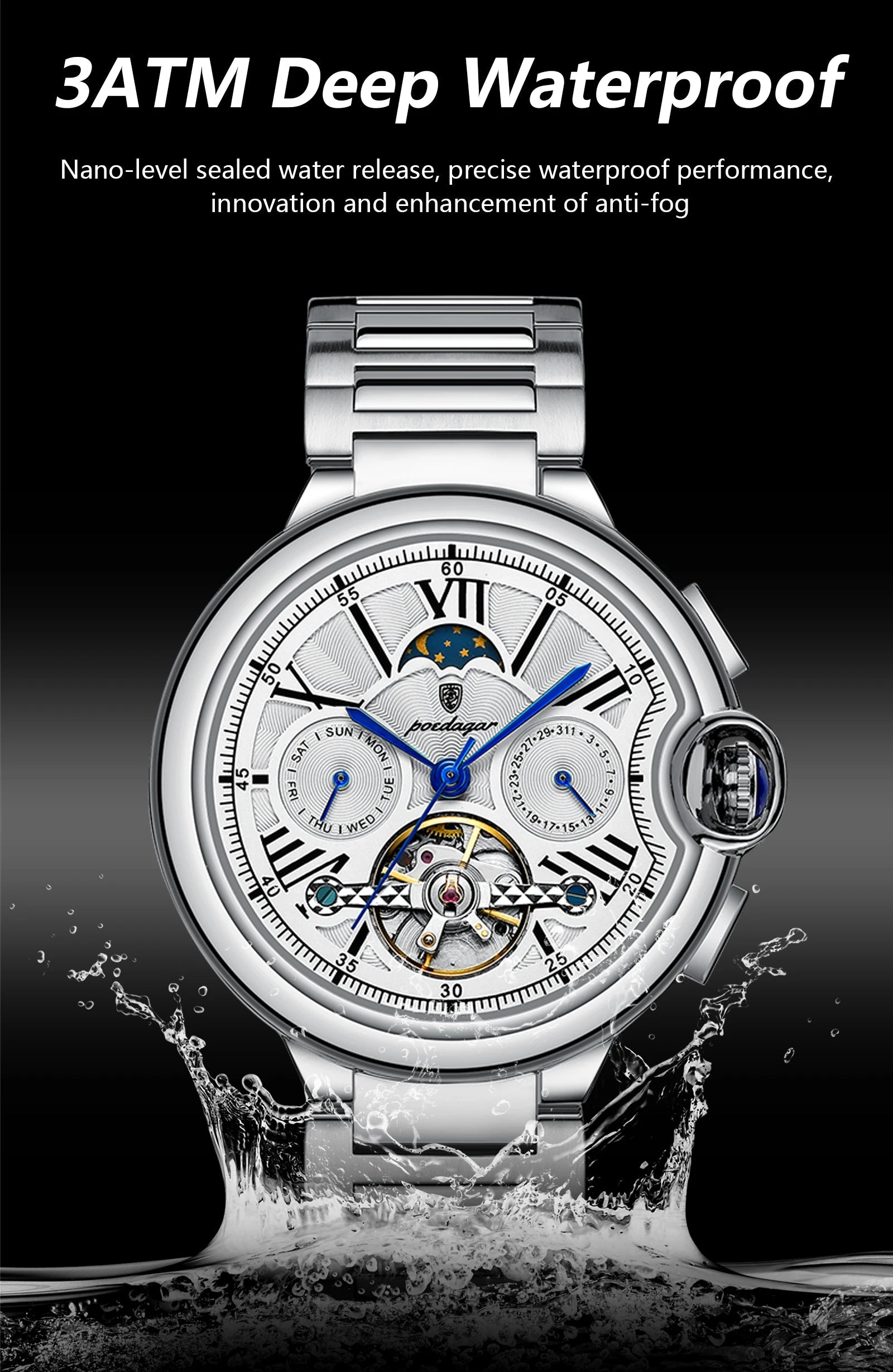 POEDAGAR Luxury Man Watch Tourbillon Date Week Stainless Steel Men Multi Shop24