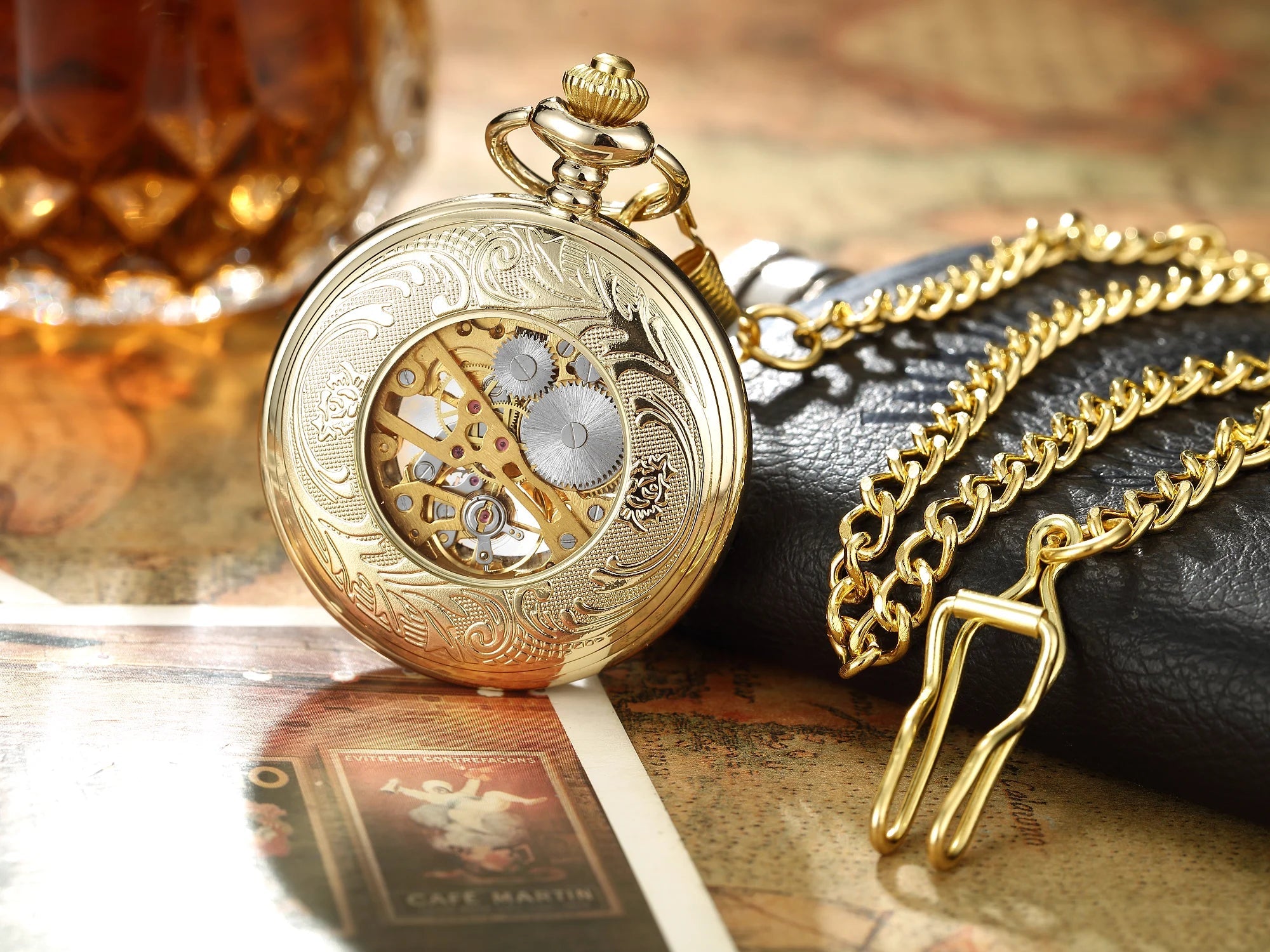 Luxury Retro Golden Hollow Skeleton Mechanical Pocket Watch Mens Multi Shop24