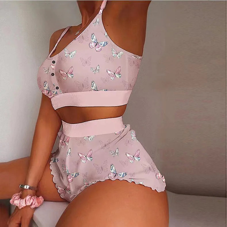2 Pieces Set Women's Pajama Shorts Suit Multiple Print Underwear Sexy Lingerie Camisoles Tanks Nighty Ladies Loungewear Homewear MultiShop24