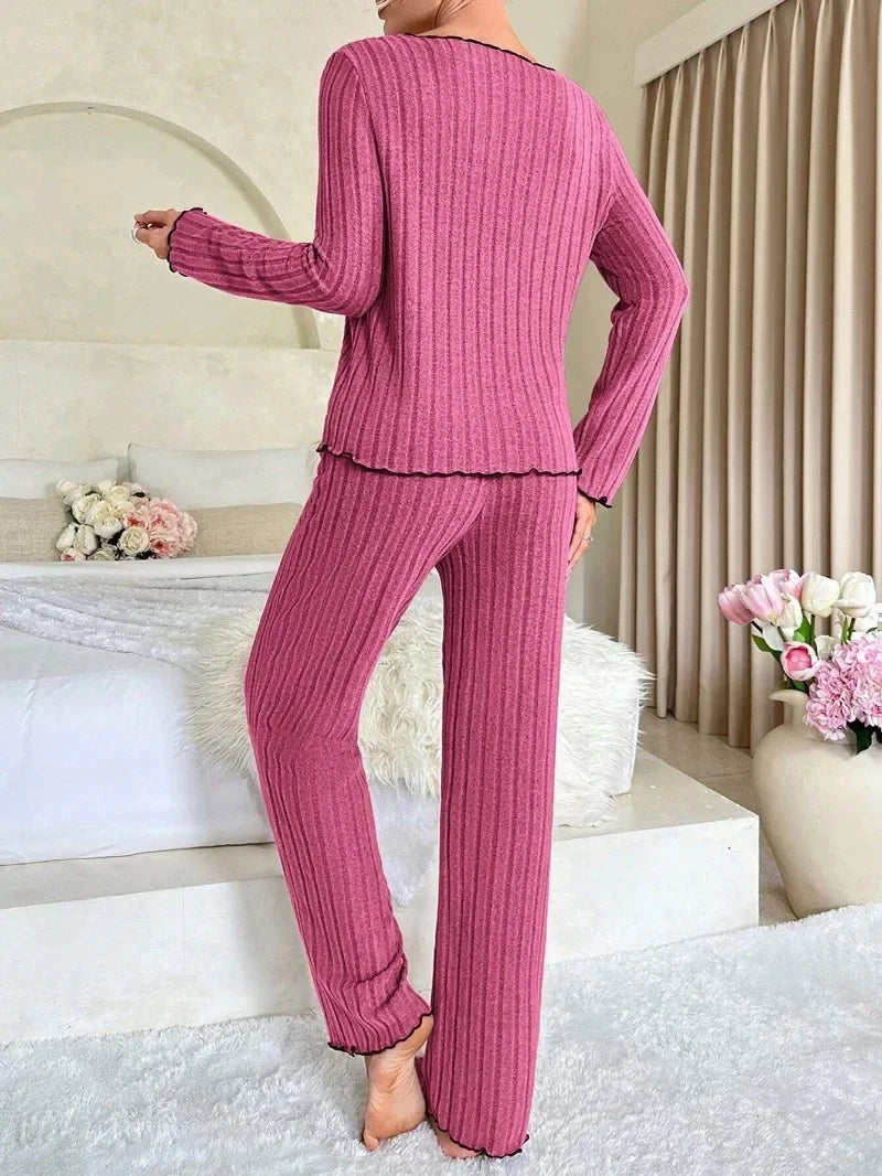 Women Autumn Winter Sleepwear Ribbed Pajamas Set Long Sleeve - Multi Shop24