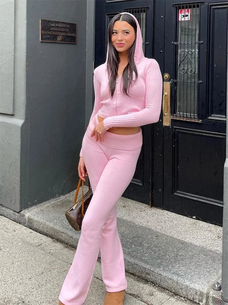 TARUXY Women Spring Outfits Casual Zipper Sweater Hoodie Set High Waist Flare Pants Suits Pink Knitted Womens Y2k Two Piece Set MultiShop24