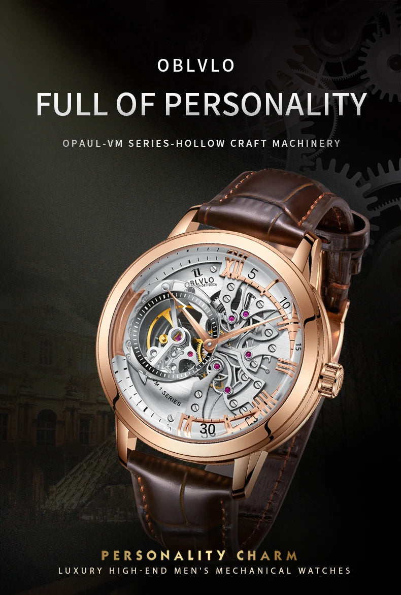 OBLVLO Luxury Retro 45mm Dial Skeleton Automatic Watches For Men Multi Shop24