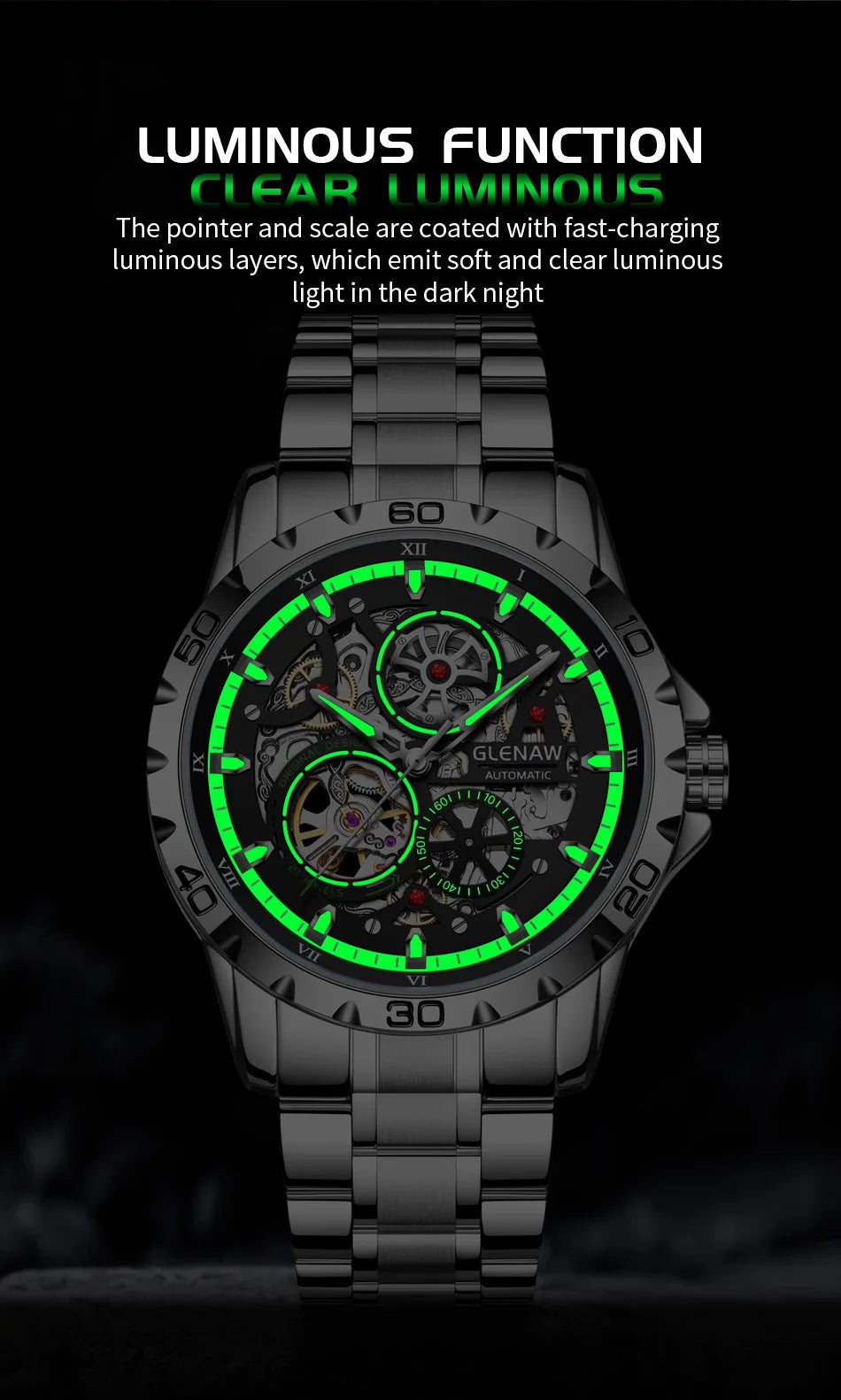 GLENAW Steampunk Skeleton Men's Watch Ring Luxury Automatic Multi Shop24