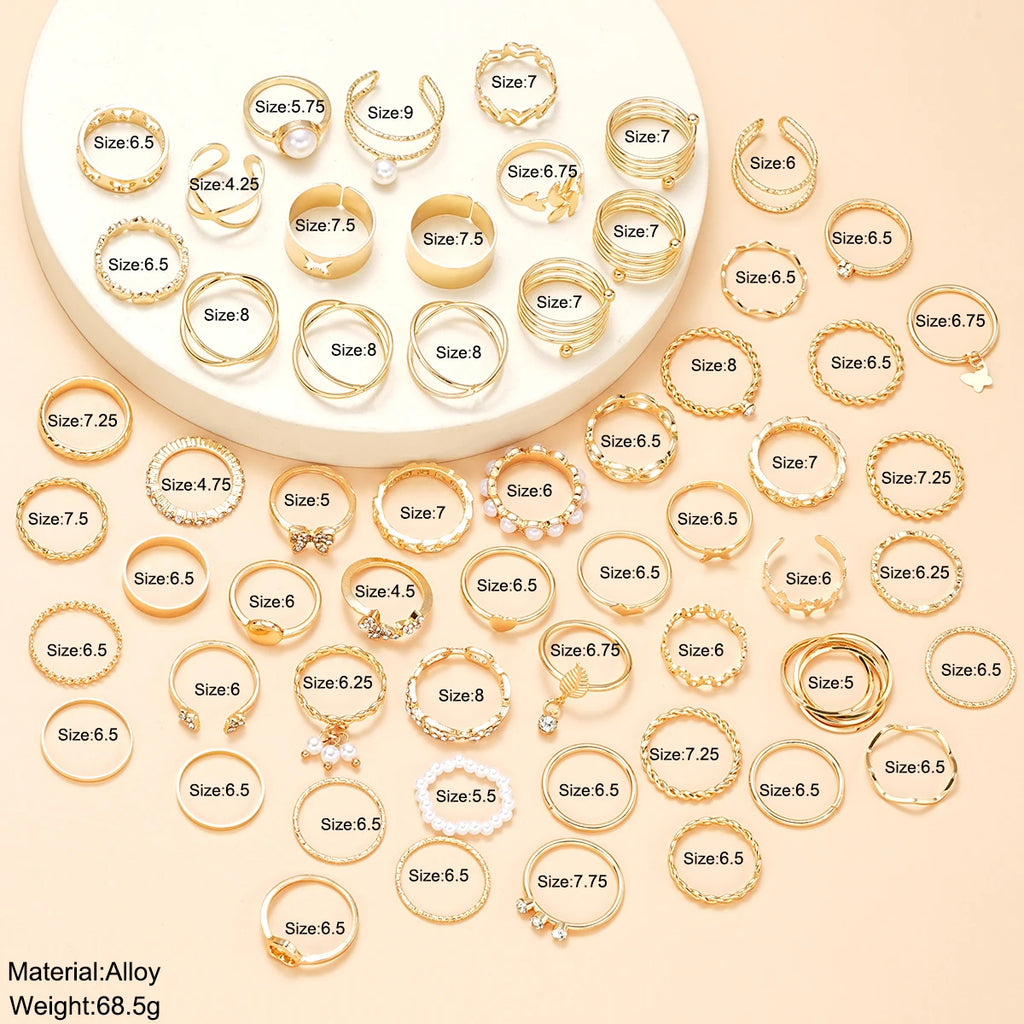 58PCS Vintage Heart Snake Butterfly Rings Set for Women Fashion Metal Gold Plated Geometric Hollow Finger Ring Jewelry Gifts New - Multi Shop24