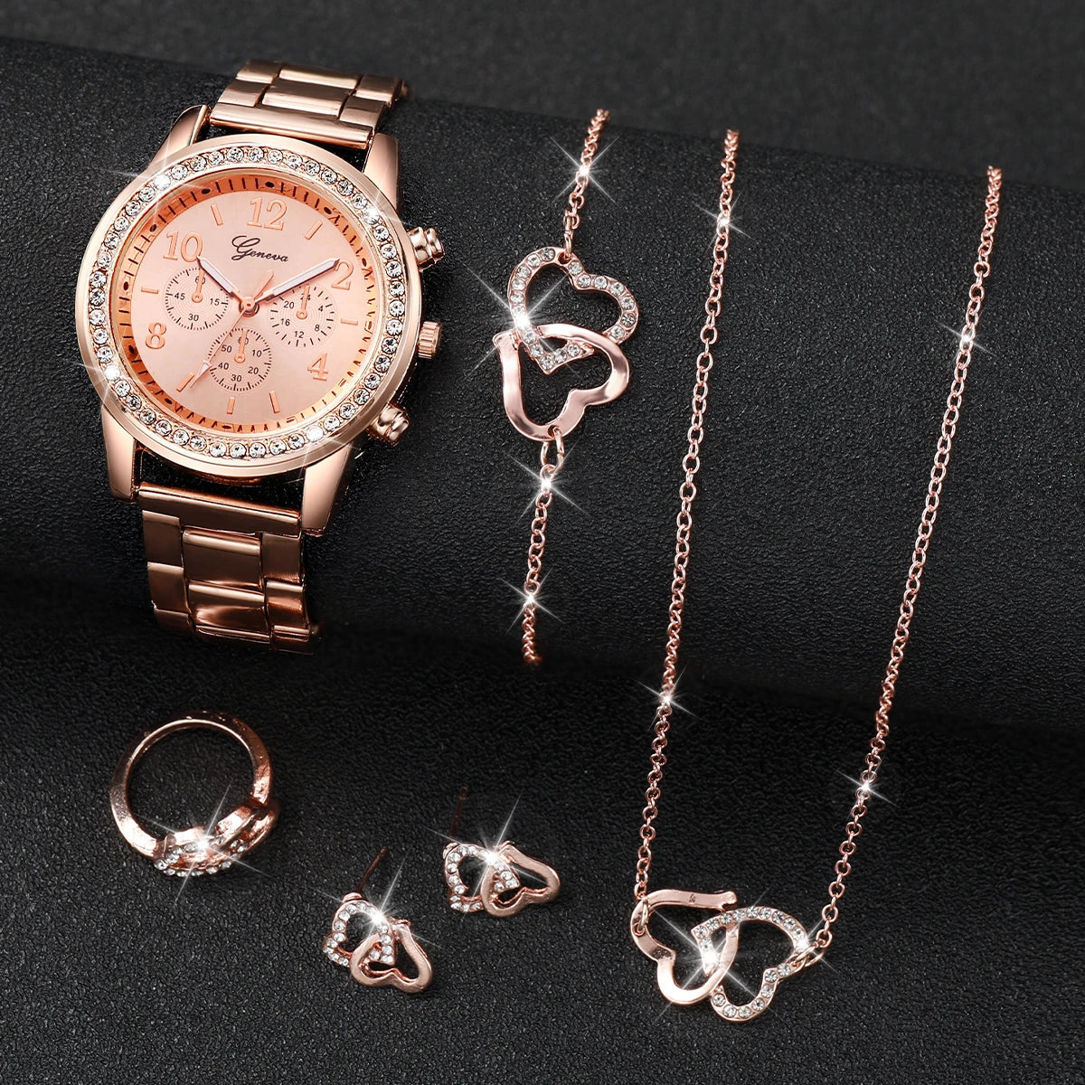 Women's Watch Fashion 6PCS/Set  Rhinestone Stainless Steel Band Quartz Watch Double Heart Jewelry Set(Without Box) MultiShop24