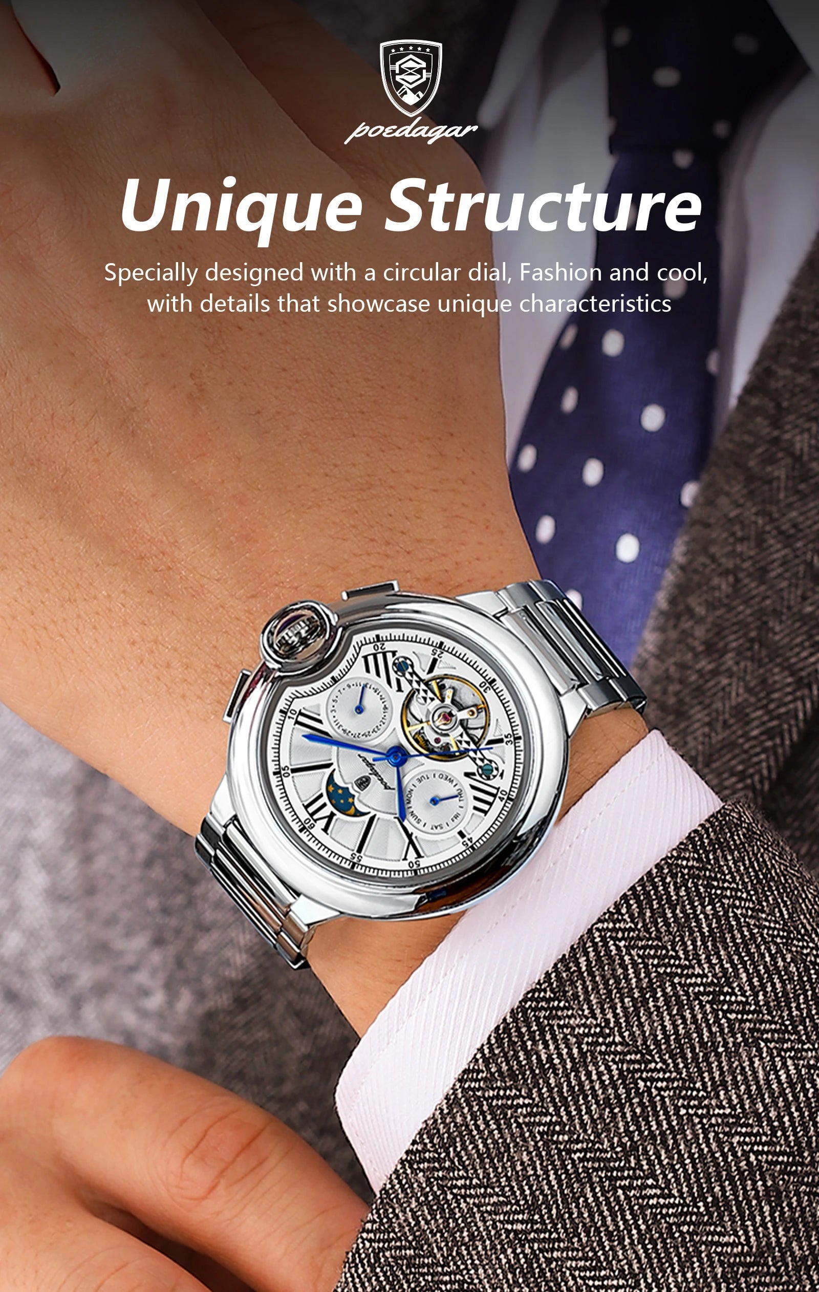 POEDAGAR Luxury Man Watch Tourbillon Date Week Stainless Steel Men Multi Shop24