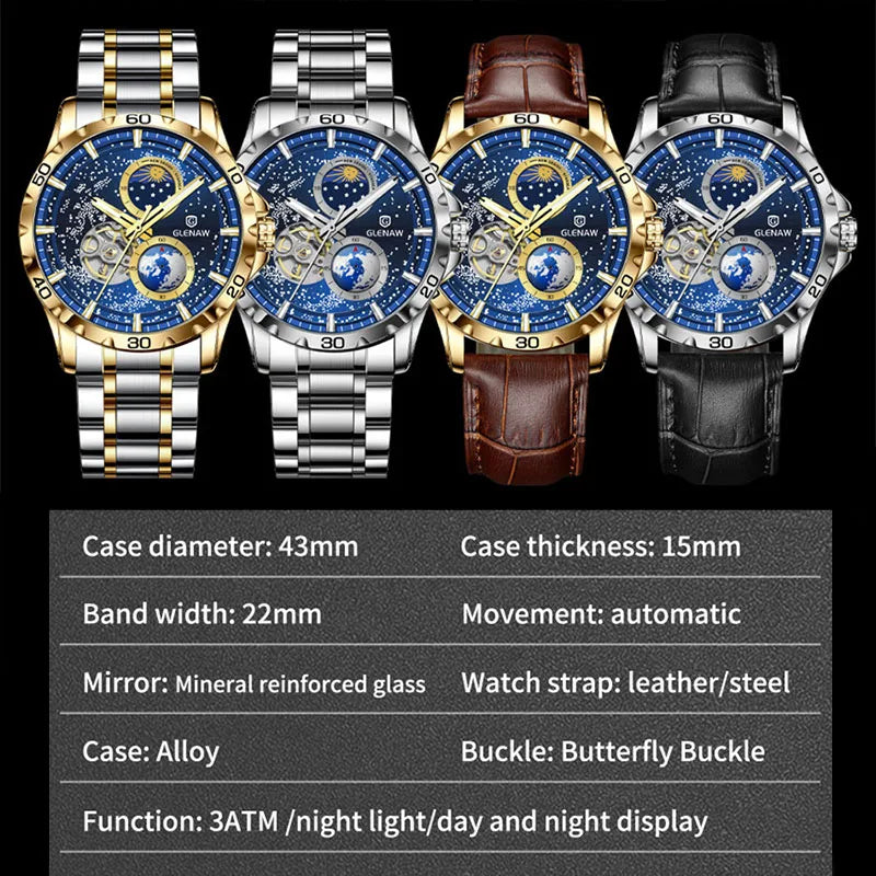 GLENAW Rotating Earth Double Second Hand WristWatch Men Automatic Multi Shop24