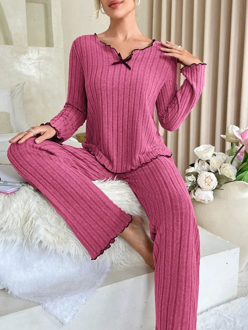 Women Autumn Winter Sleepwear Ribbed Pajamas Set Long Sleeve - Multi Shop24