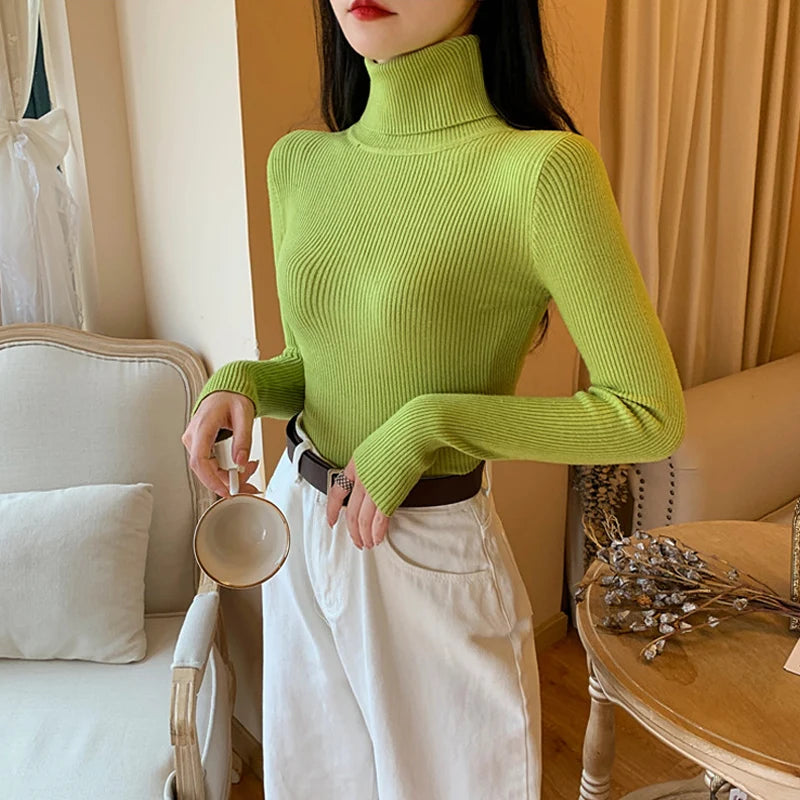 2026 Autumn Winter Women Long Sleeve Knitted Foldover Turtleneck Ribbed Pull Sweater Soft Warm Femme Jumper Pullover Clothes MultiShop24