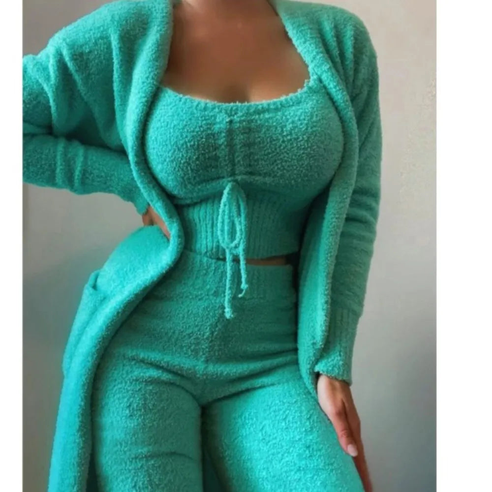 Fashion Plush Lace Up Cardigan 3 Piece Women's Trouser Set Autumn And Winter New Solid Color Asual Warm Home Wear Female Set2025 MultiShop24