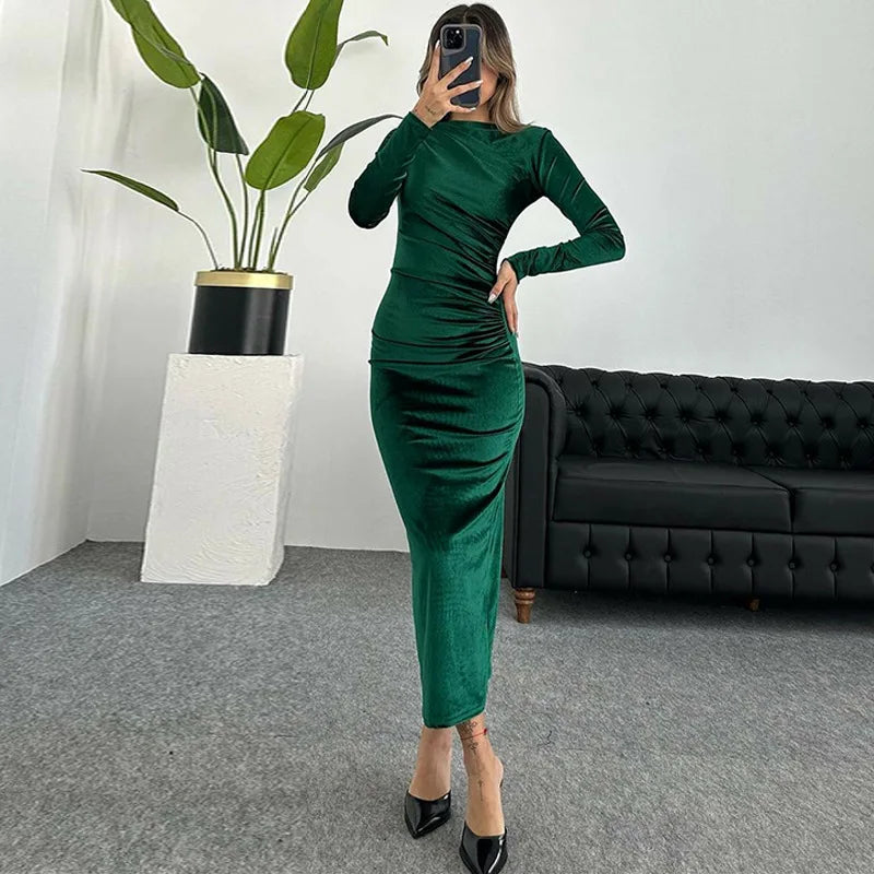 2026 Spring Summer Velvet Long Sleeve Midi Dress For Women Ruched Long Dress - Multi Shop24
