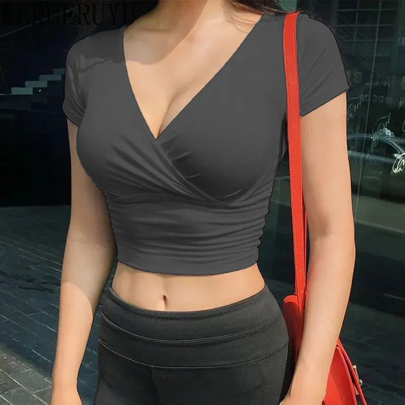 New Summer Black Sexy V-neck T-shirt Short Sleeve Y2k Crop Top Women Clothes Streetwear Korean Fashion Corset Tops Tshirts 2023 - Multi Shop24