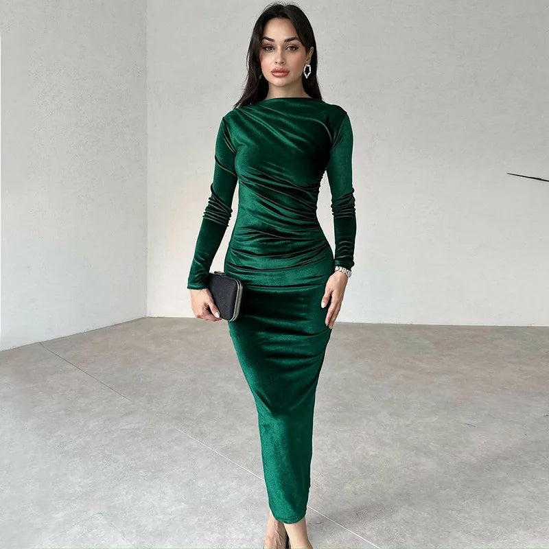 2026 Spring Summer Velvet Long Sleeve Midi Dress For Women Ruched Long Dress - Multi Shop24