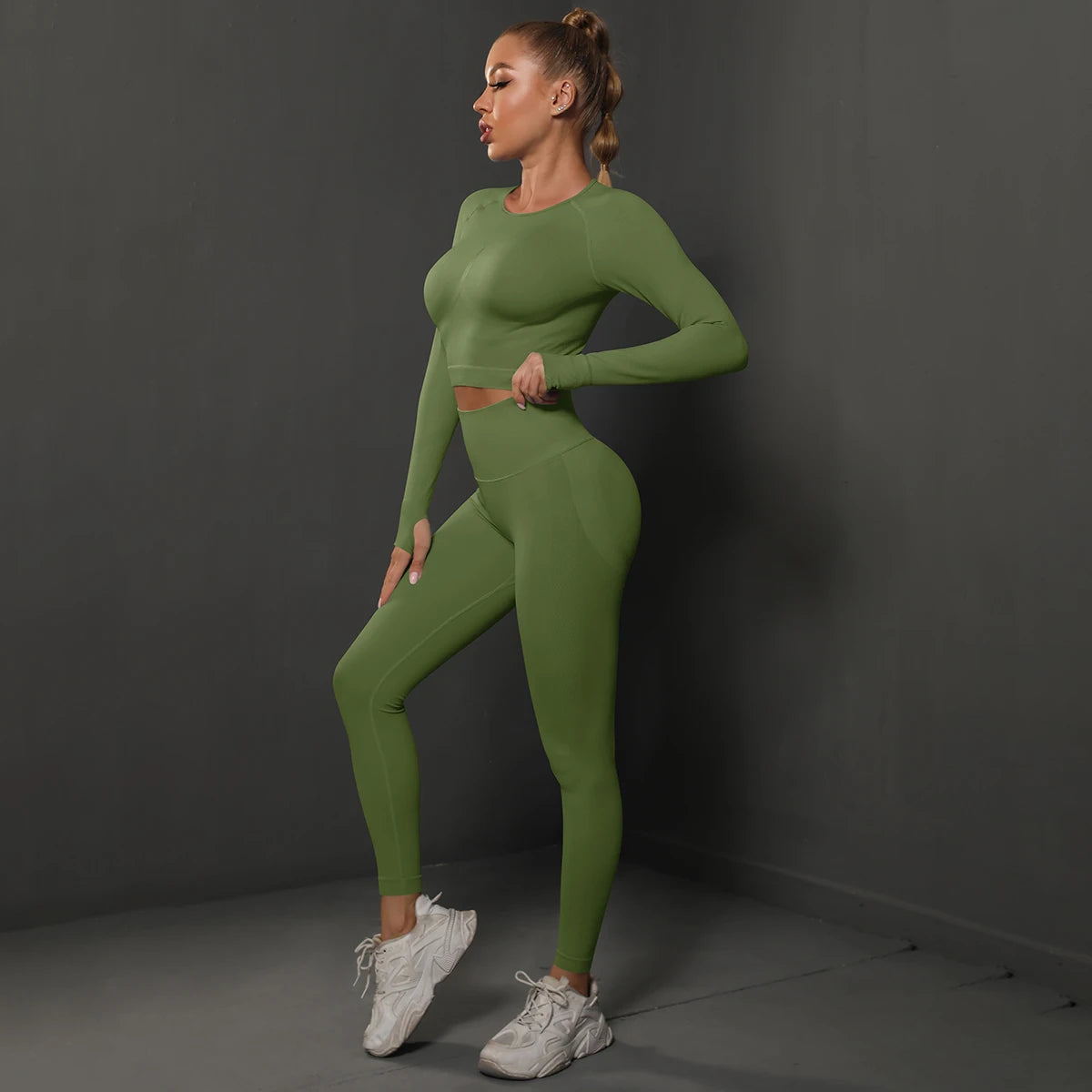2Pcs Women Sets Energy Seamless Gym Suits Bubble Butt Sports Pants+Long Sleeve Shirts Push Up Running Sets Tracksuits Tights Set MultiShop24
