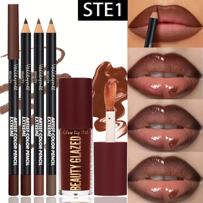 4pcs Dark Brown Lip Kit - Lip Liner + Lip Glaze, Waterproof & Long-Lasting Matte Effect,Versatile for Casual & Formal Occasions, MultiShop24
