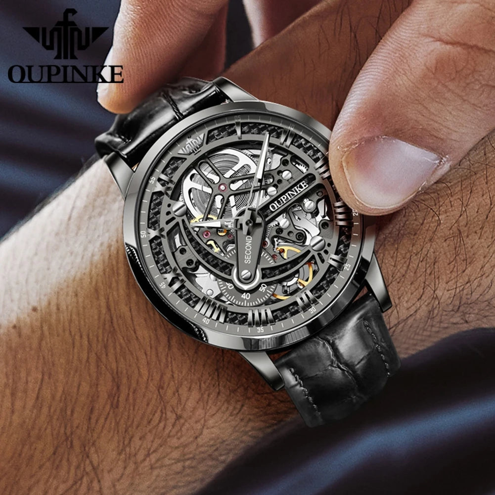 OUPINKE 3173 Original Leather Strap Automatic Hollow Mechanical Wristwatch for Men Multi Shop24