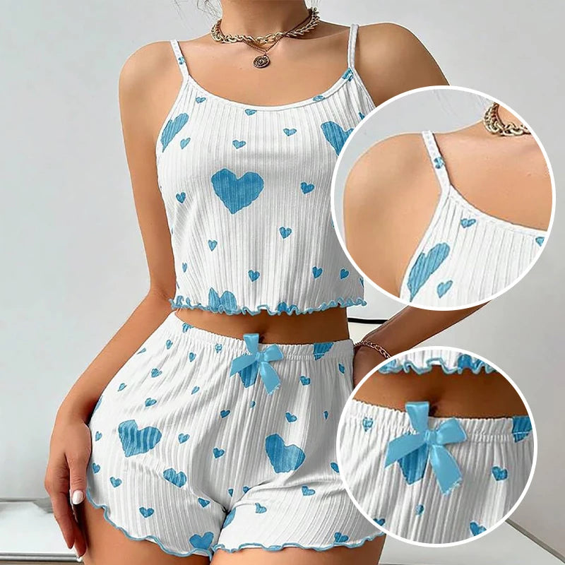 Women's Pajamas Set Sleepwear 2 PCS Short Tank Tops And Shorts S M L White Ventilate Soft Casual Love Printing MultiShop24