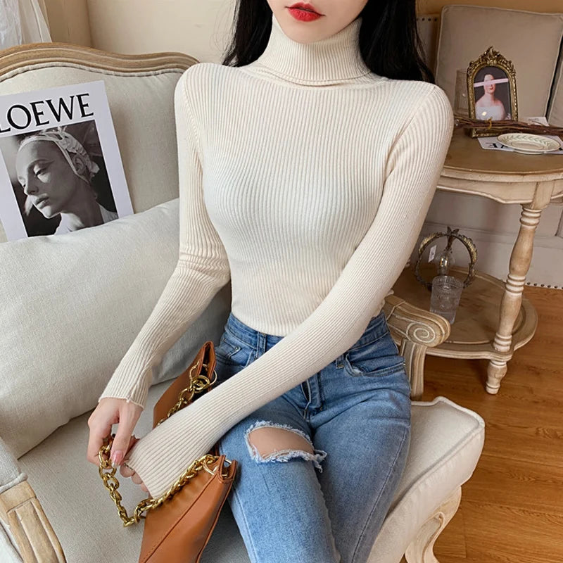 2026 Autumn Winter Women Long Sleeve Knitted Foldover Turtleneck Ribbed Pull Sweater Soft Warm Femme Jumper Pullover Clothes MultiShop24
