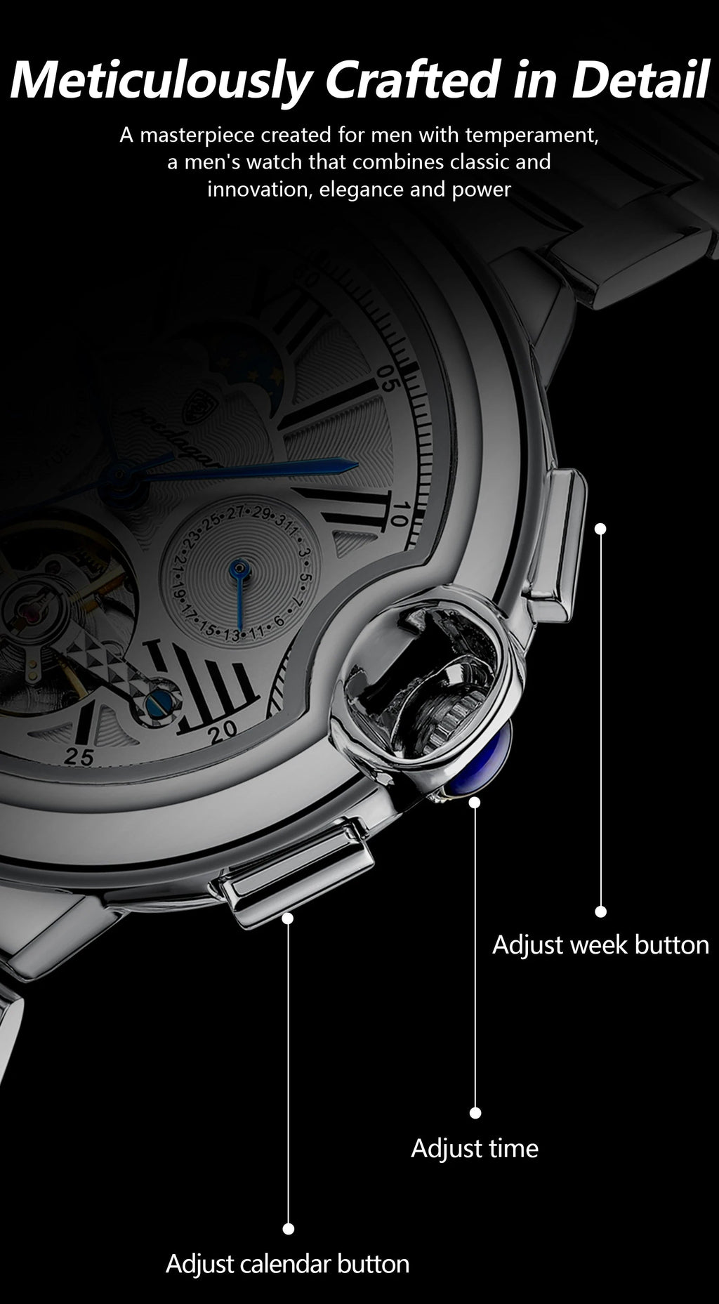 POEDAGAR Luxury Man Watch Tourbillon Date Week Stainless Steel Men Multi Shop24