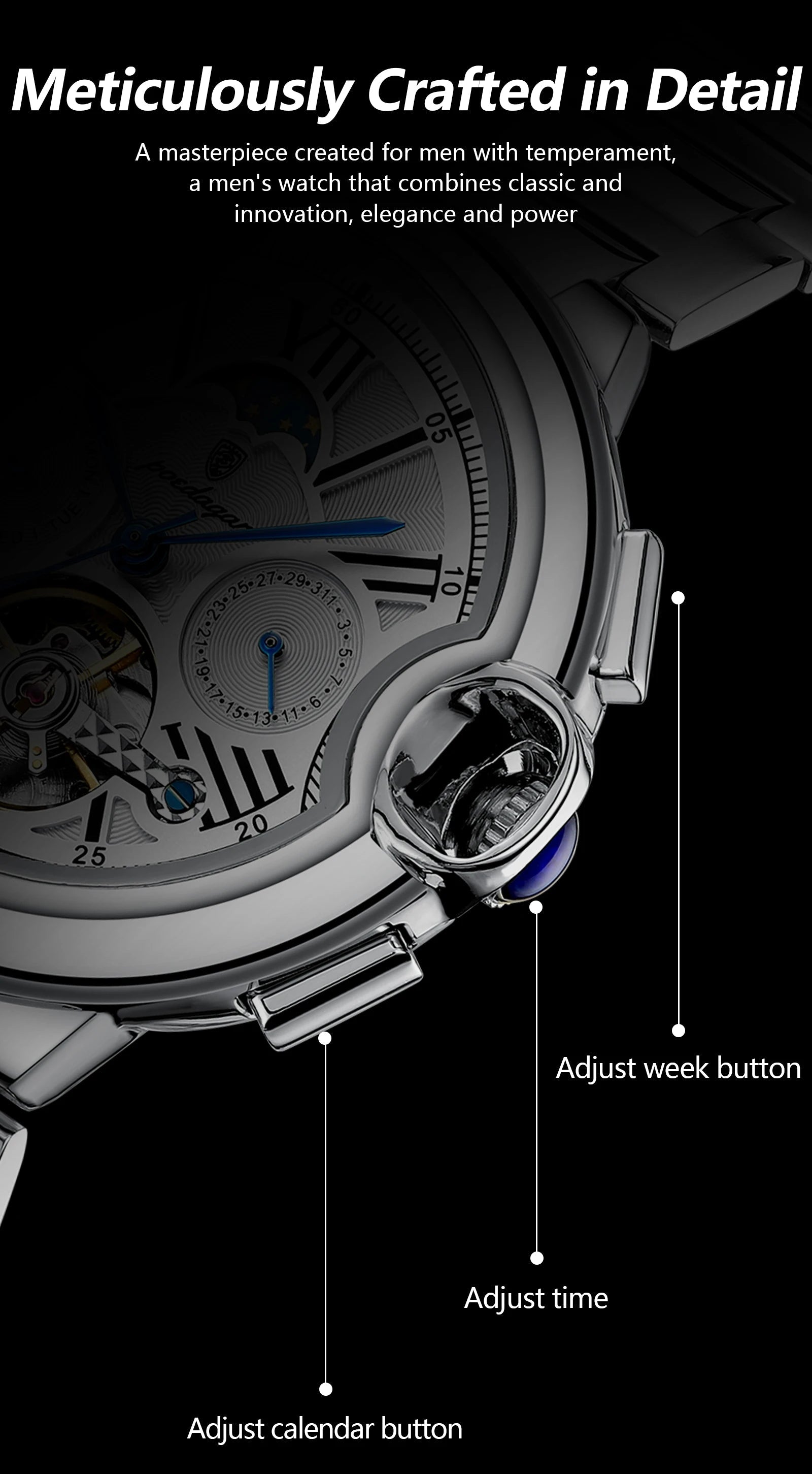 POEDAGAR Luxury Man Watch Tourbillon Date Week Stainless Steel Men Multi Shop24