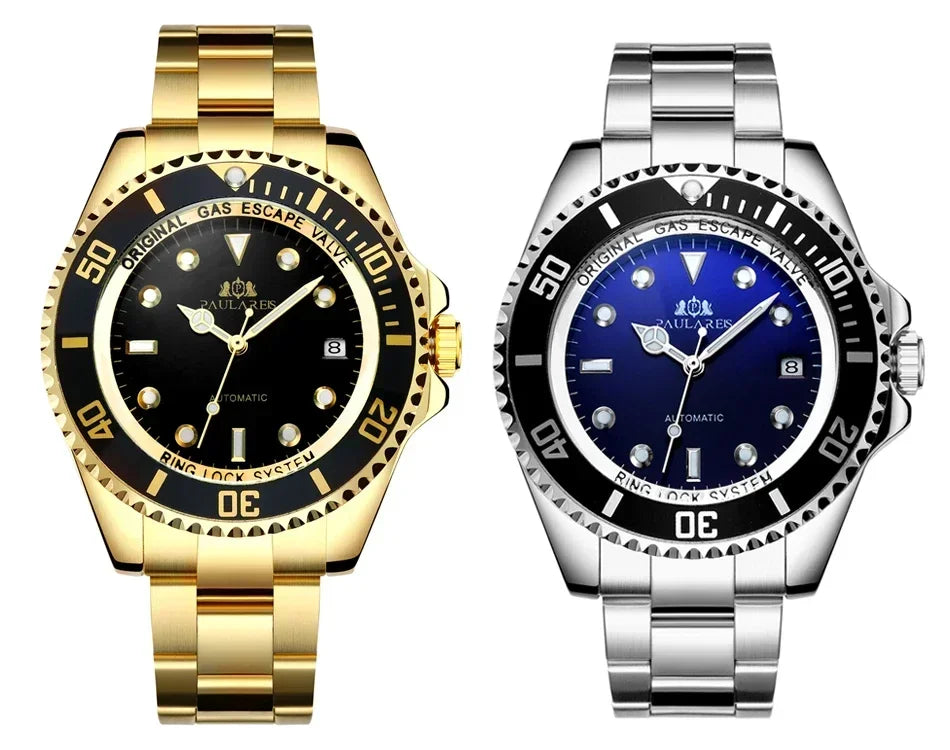 Automatic Men Watch Mechanical Self Wind Movement Stainless Steel Gold Multi Shop24