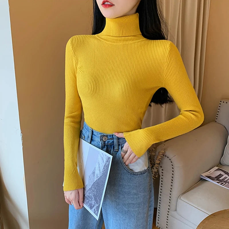 2026 Autumn Winter Women Long Sleeve Knitted Foldover Turtleneck Ribbed Pull Sweater Soft Warm Femme Jumper Pullover Clothes MultiShop24
