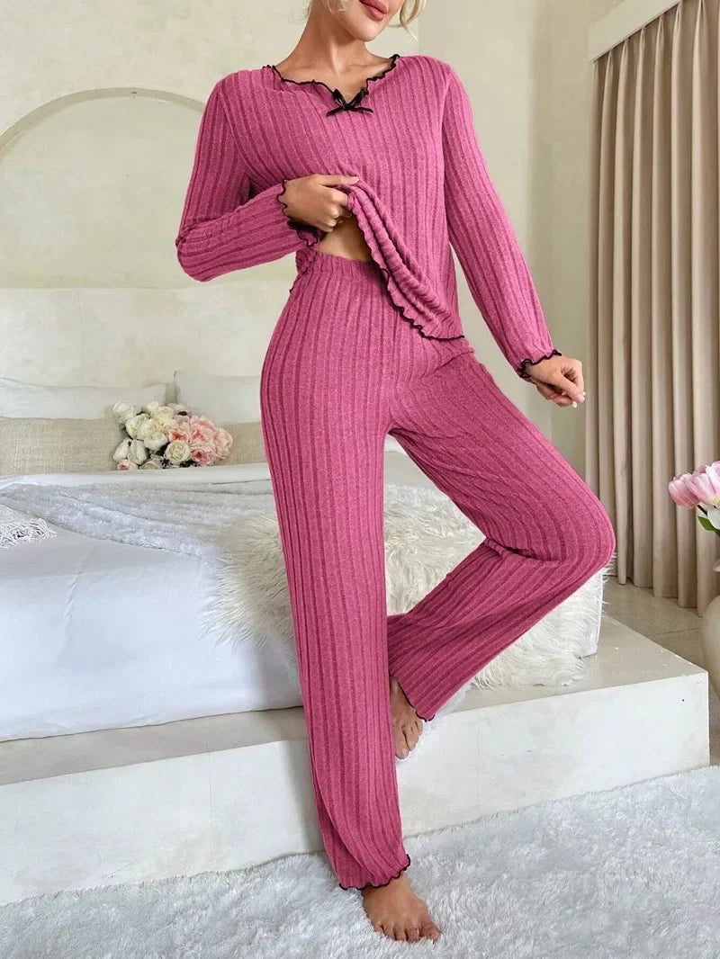 Women Autumn Winter Sleepwear Ribbed Pajamas Set Long Sleeve - Multi Shop24