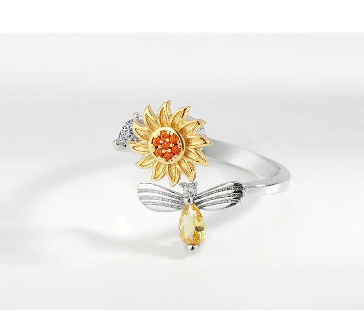 VENTFILLE 925 Sterling Silver Sunflower Diamond Zircon Rotatable Ring For Women