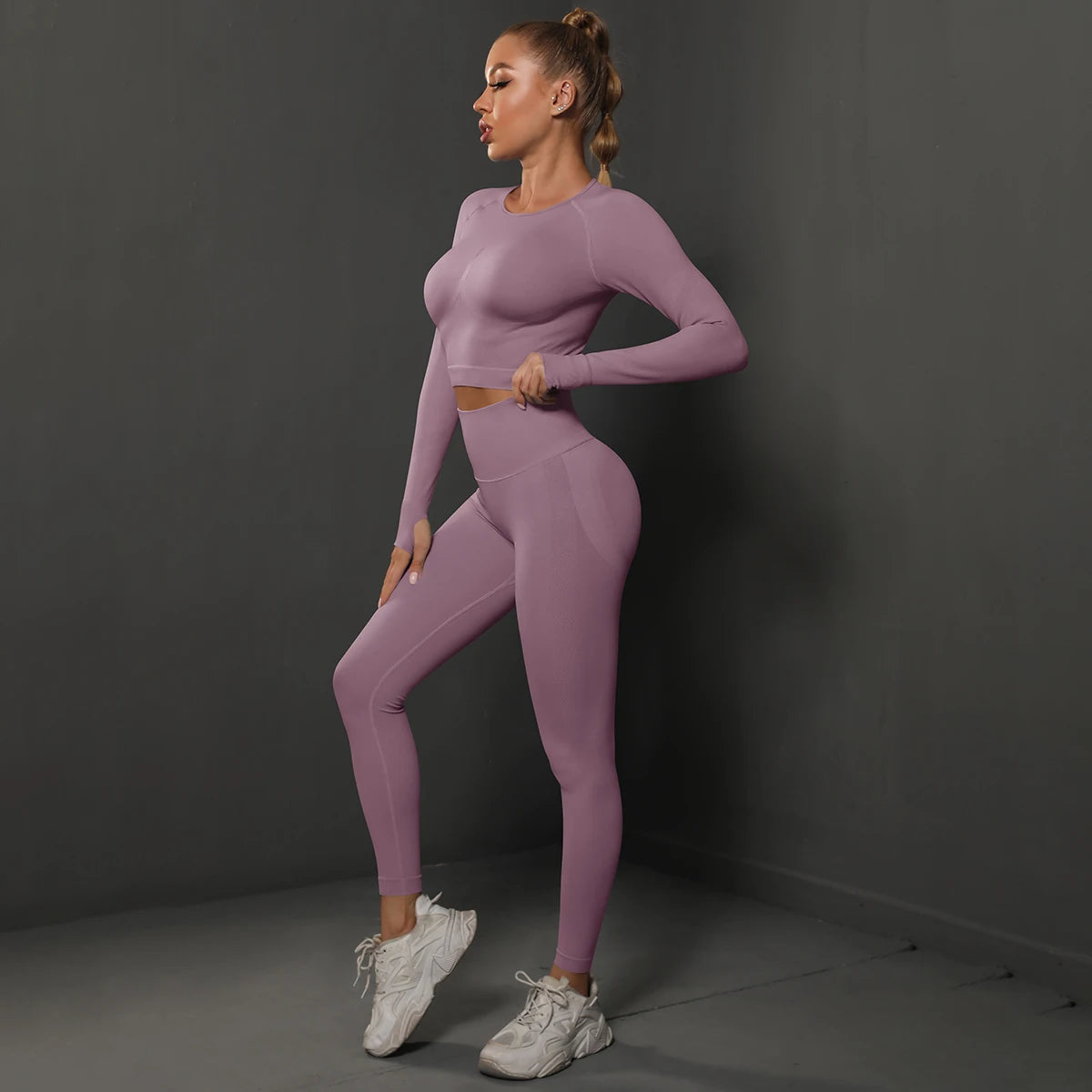 2Pcs Women Sets Energy Seamless Gym Suits Bubble Butt Sports Pants+Long Sleeve Shirts Push Up Running Sets Tracksuits Tights Set MultiShop24