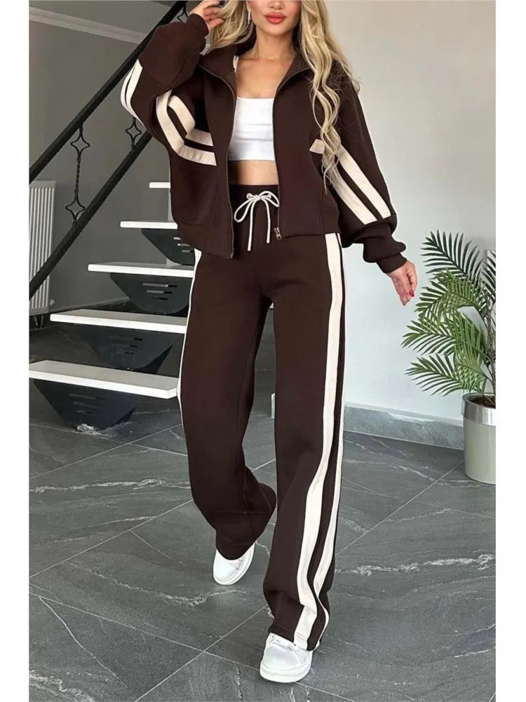 2025 Autumn Winter New Two-piece Set Women's Zipper Striped Loose Jacket Outwear And High Waist Side-striped Pants Sports Sets MultiShop24