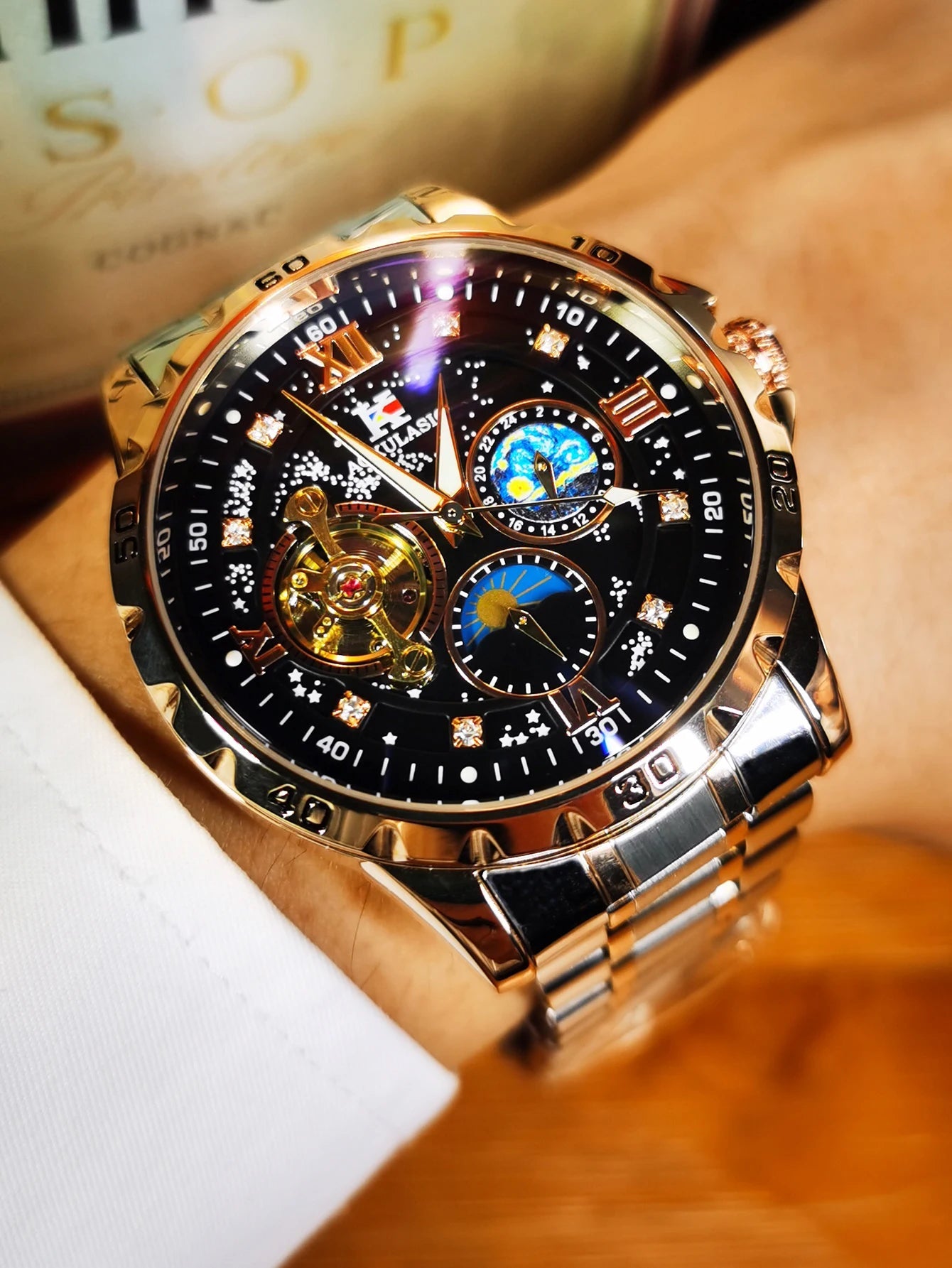 Tourbillon Skeleton Mechanical Watches Starry Sky Moon Phase Diamond Multi Shop24