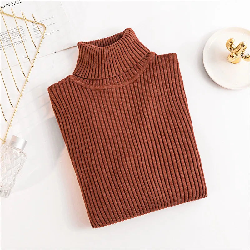2026 Autumn Winter Women Long Sleeve Knitted Foldover Turtleneck Ribbed Pull Sweater Soft Warm Femme Jumper Pullover Clothes MultiShop24