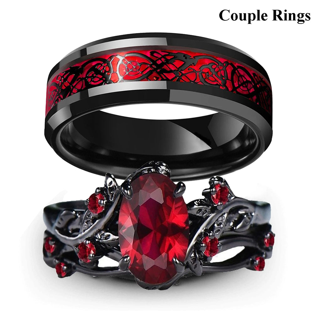 Charm Couple Rings Romantic Women Red Rhinestones Rings Set Trendy Men Stainless Steel Celtic Dragon Rings Wedding Band Jewelry - Multi Shop24