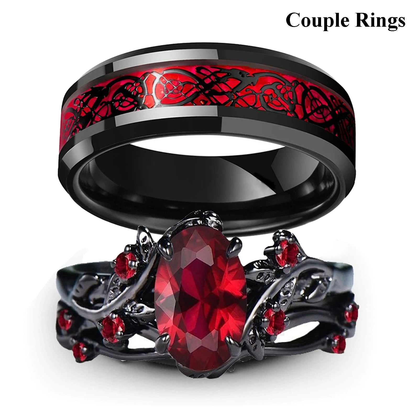 Charm Couple Rings Romantic Women Red Rhinestones Rings Set Trendy Men Stainless Steel Celtic Dragon Rings Wedding Band Jewelry - Multi Shop24