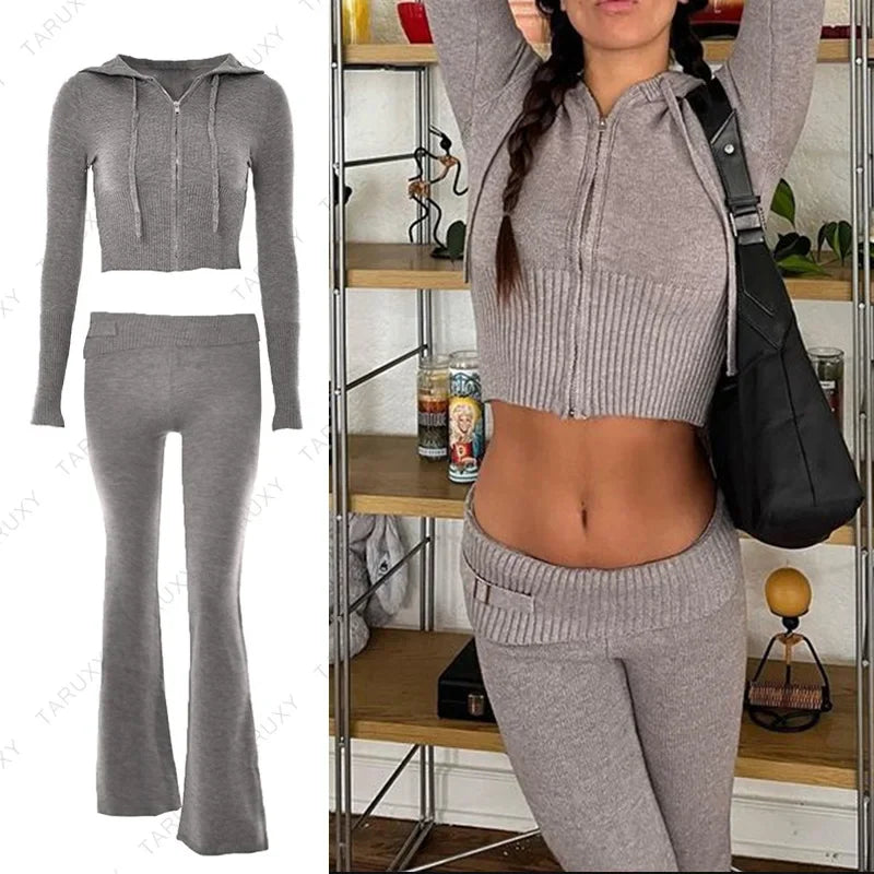 TARUXY Women Spring Outfits Casual Zipper Sweater Hoodie Set High Waist Flare Pants Suits Pink Knitted Womens Y2k Two Piece Set MultiShop24