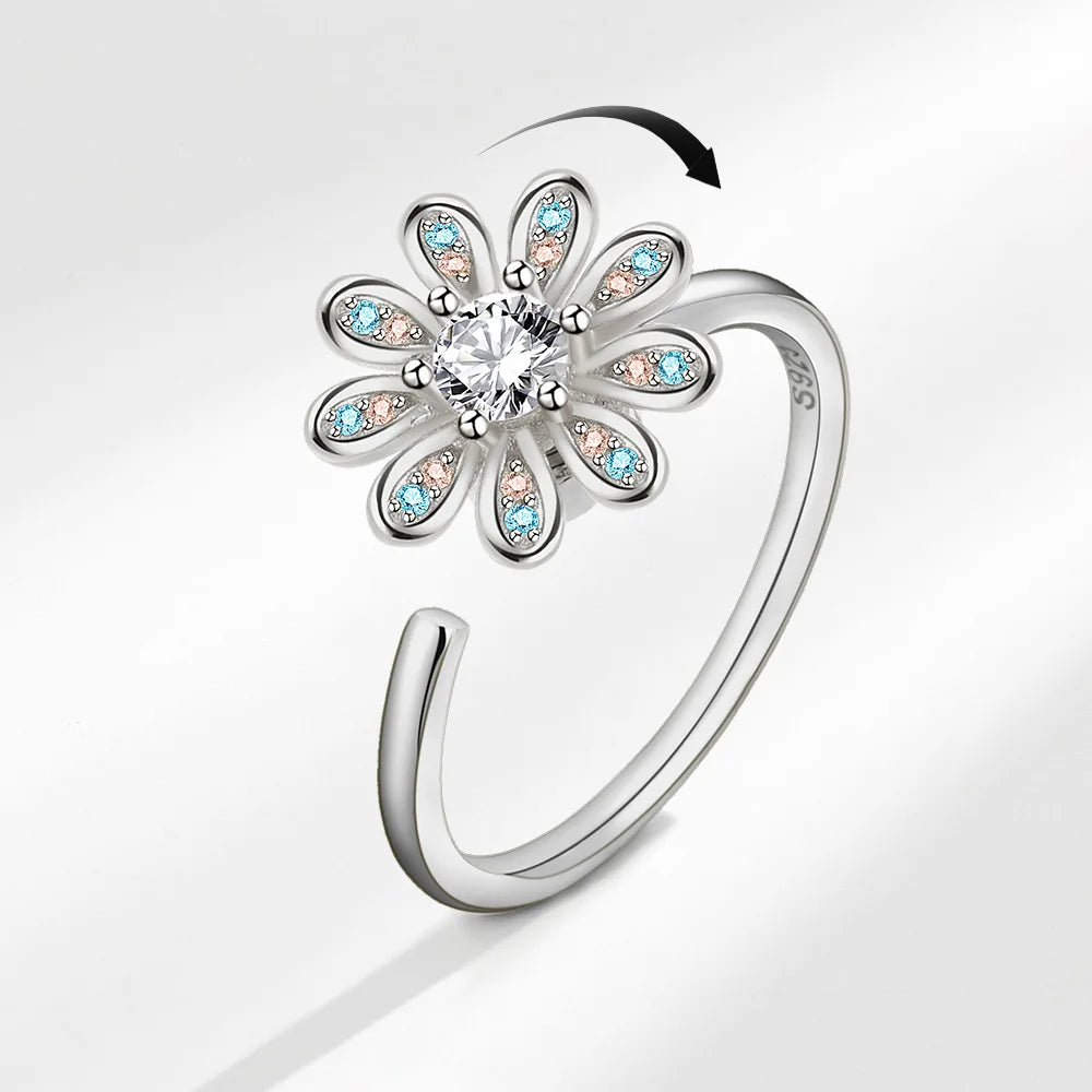 VENTFILLE 925 Sterling Silver Sunflower Diamond Zircon Rotatable Ring For Women