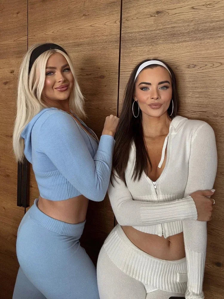 TARUXY Women Spring Outfits Casual Zipper Sweater Hoodie Set High Waist Flare Pants Suits Pink Knitted Womens Y2k Two Piece Set MultiShop24