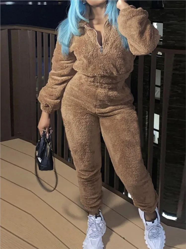 Fashion Casual Solid Color Plush Women's Suit Autumn Winter New Ultra Short Jacket Slim Warm Sports Trousers Girls 2 Piece Set MultiShop24