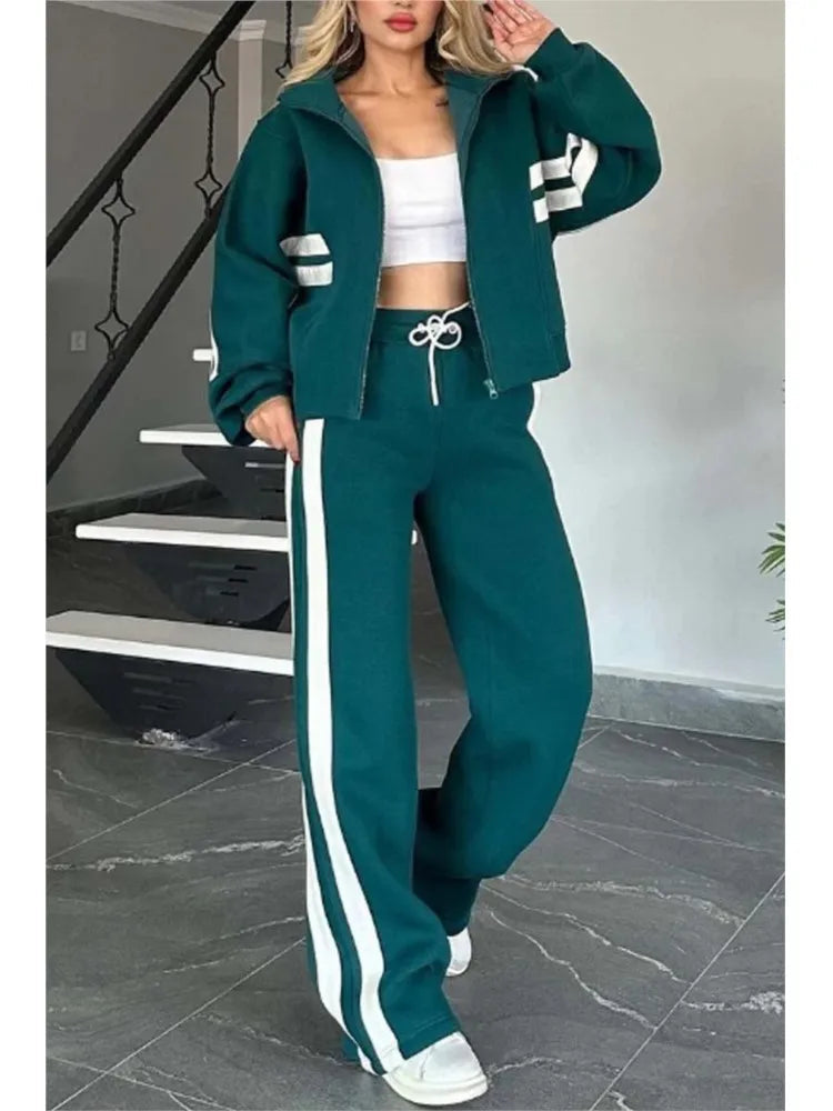 2025 Autumn Winter New Two-piece Set Women's Zipper Striped Loose Jacket Outwear And High Waist Side-striped Pants Sports Sets MultiShop24